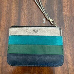 Fossil Green Patchwork Striped Leather Organizer Wallet Wristlet Strap 7" x 5"!